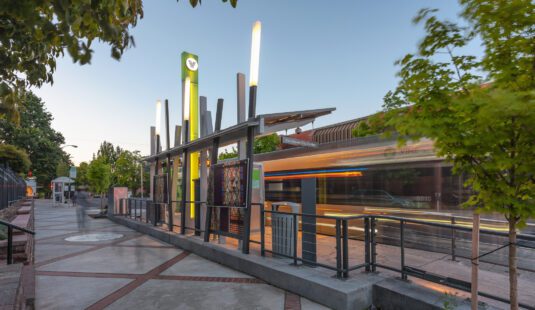 The Vine Bus Stations in Vancouver, WA which features Lumicor Resin Panels for windscreens, signage and lighting.