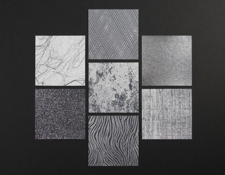 Seven samples of differently textured Reflective Finishes on a black background.