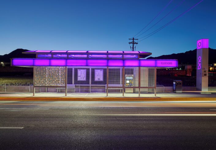 Color-coded transit stations help identify the four branches of the Bio Transit System in El Paso, TX