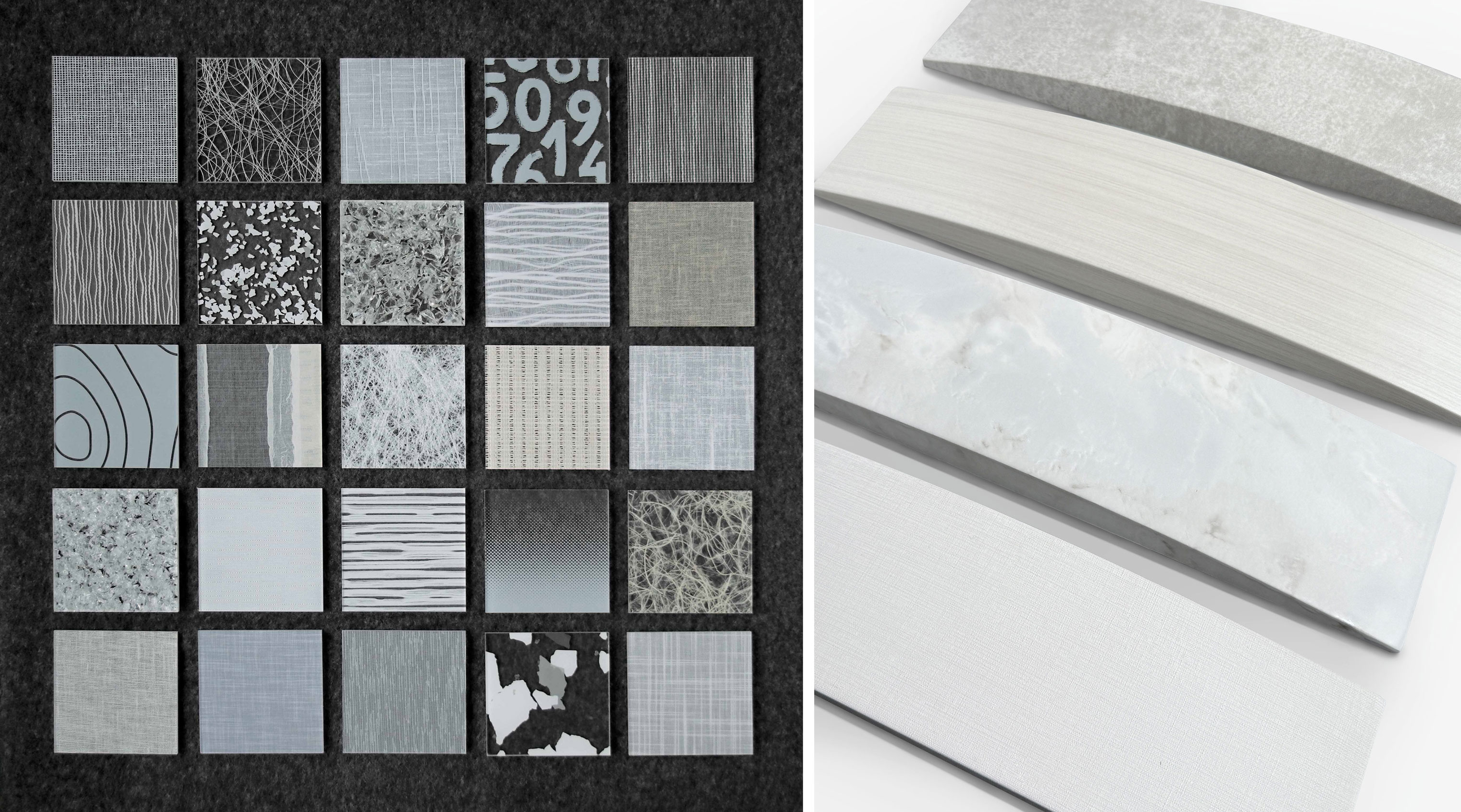 The left half of the image shows a five by five grid of resin samples on a charcoal gray backdrop. The resin samples have different patterns and are varying shades of white. The right side of the image shows four Kuvio dimensional tiles displayed on a white background. Each of the Kuvio tiles has a different finish, but all are white in color.