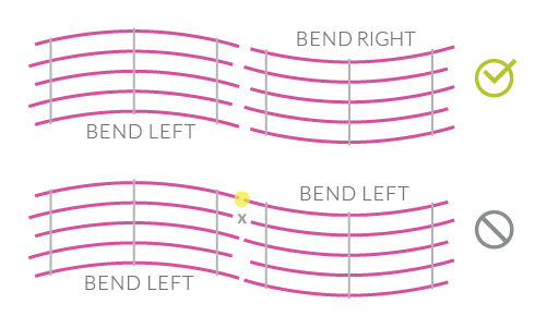 Bend fin ceiling features will only align end to end if Bend Left and Bend Right are aligned.