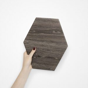 One of Kuvio's hexagonal shapes, Slide, in the Dark Elm finish.