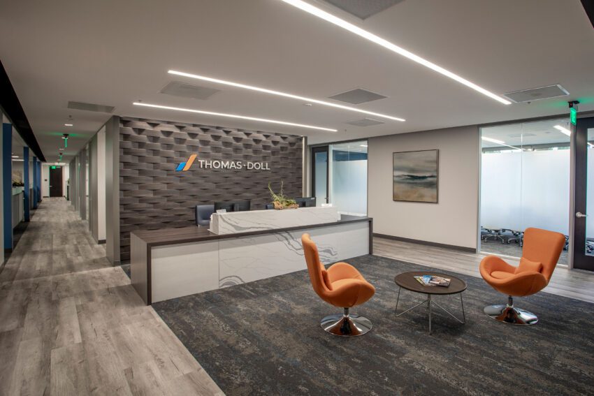 Kuvio Wall Tiles used at the Thomas Doll office helps define space in the workplace.