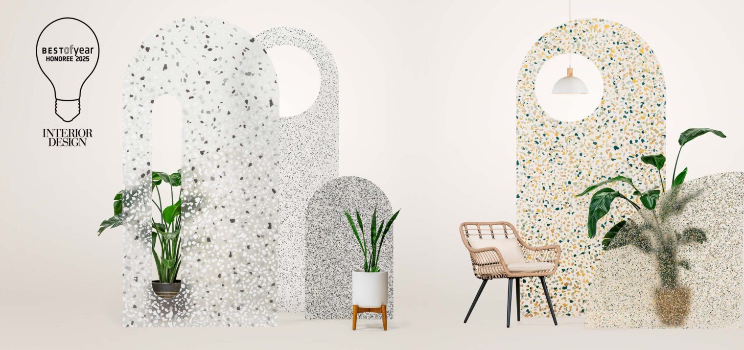 Five arch-shaped terrazzo panels are arranged in a staggered formation with plants, a chair, and a pendant light interspersed between the panels.